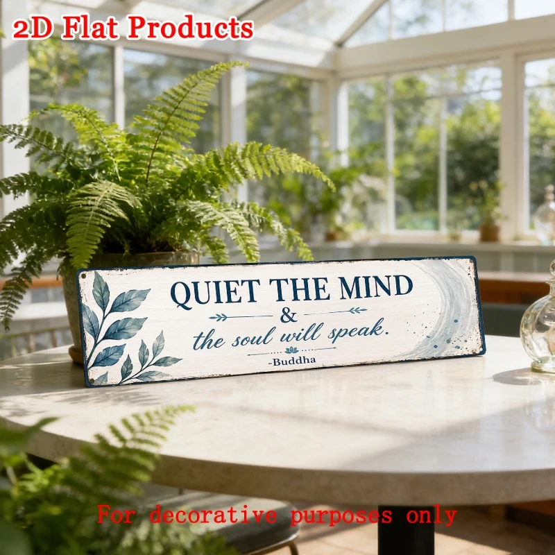 1pc 2D Flat 4X16Inch Quiet The Mind The Soul Will Speak Quote Metal Tin Sign 16X4 Inches Blue Eucalyptus Leaf Zen Meditation