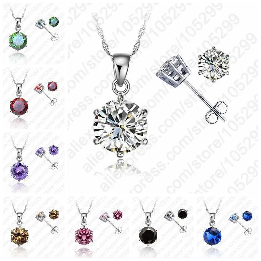 Classic 8 Colors Cubic Zirconia Best 925 Sterling Silver Jewelry Sets  6 Claws Stud Earring Pendant Necklace 18