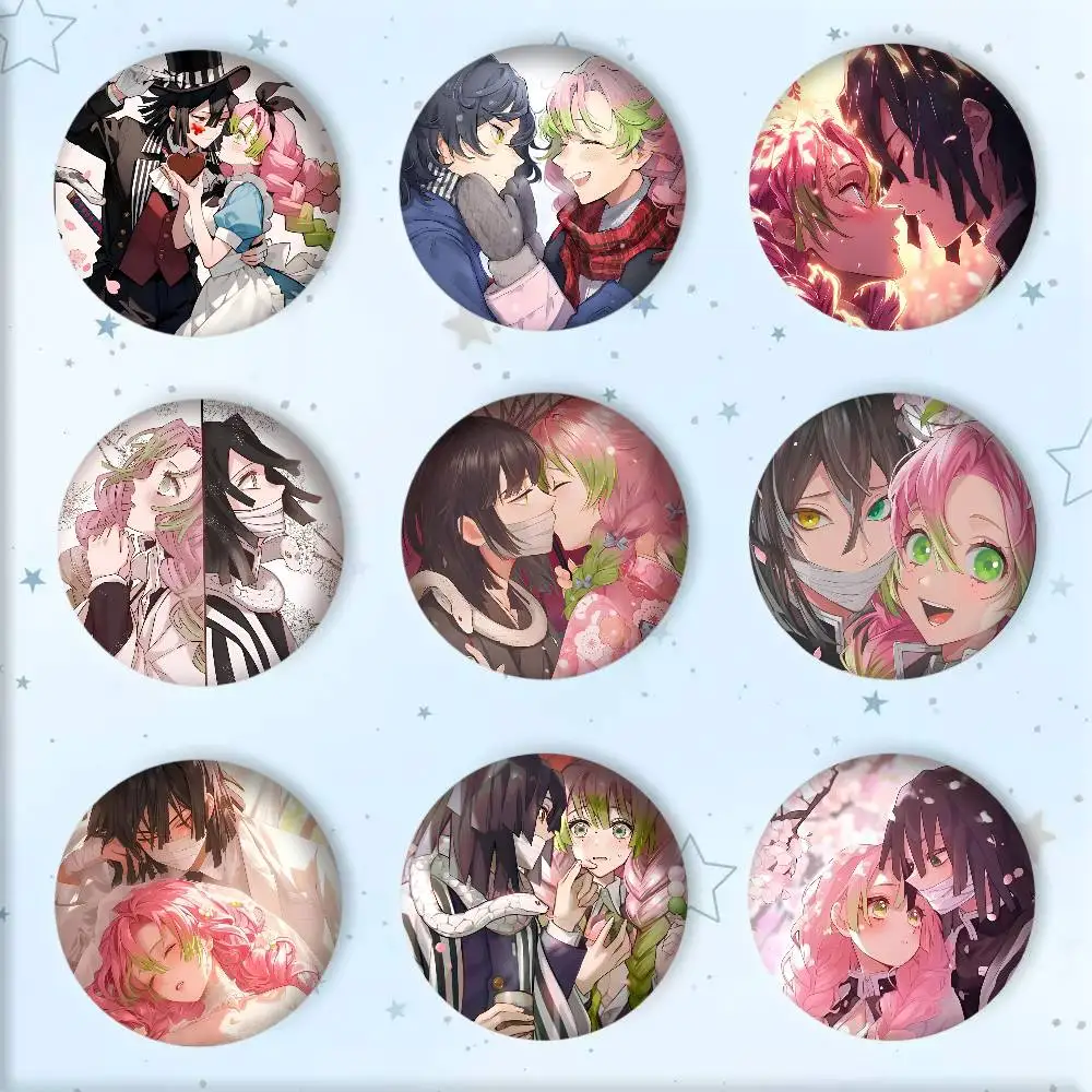 Anime Characters Romance M-Mitsuri and O-Obanai Round badge lapel pin backpack clothing jewelry accessories gift brooch