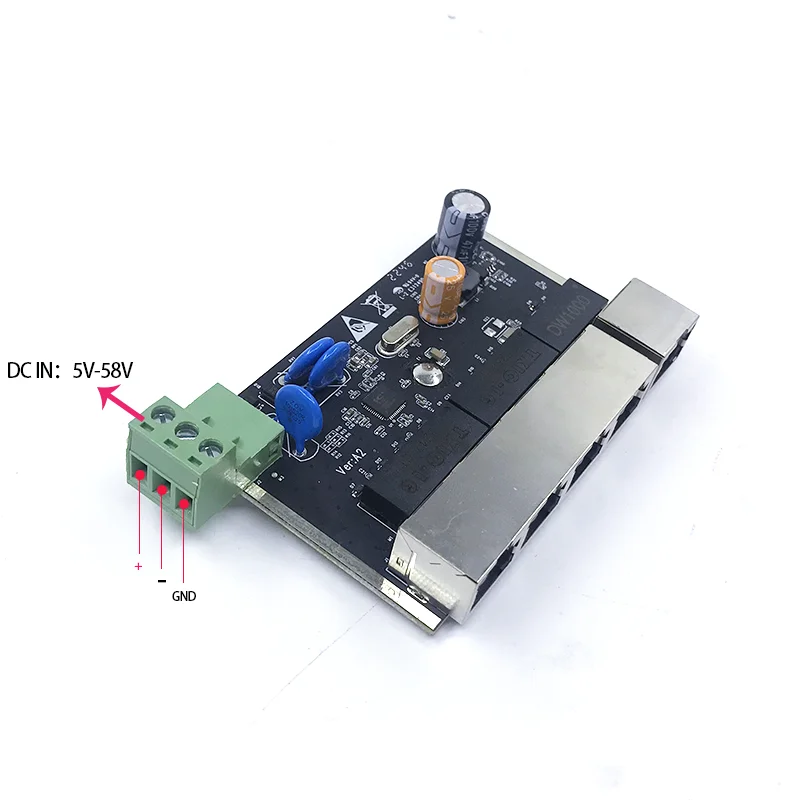 Non gestito MINI 5 porte 10/100M 5V-58V modulo industriale scheda PCBA switch ethernet protezione contro i fulmini 4KV, antistatico 4KV
