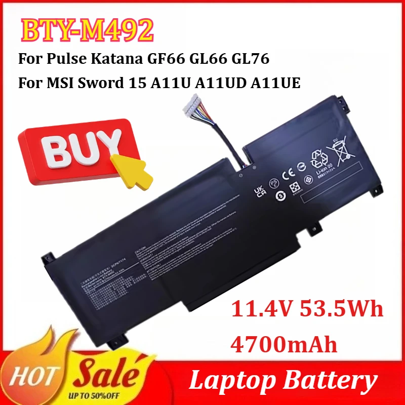 

11.4V 53.5Wh 4700mAh BTY-M492 Laptop Battery for Pulse Katana GF66 GL66 GL76 for MSI Sword 15 A11U A11UD A11UE High Quality