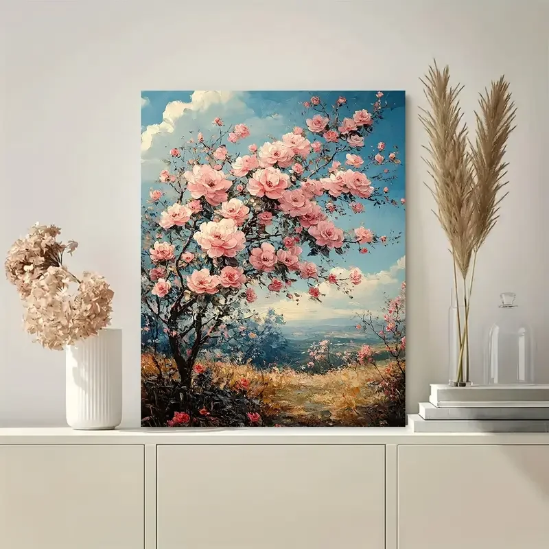 Handmade Vintage Oil  Style No Framed Canvas Wall Art - Large Blooming Pink Roses & Rose Tree Landscape, Shabby Chic