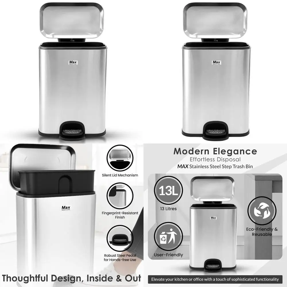 

Прямоугольный 13-галлонный устойчивый к размазыванию мусорный бак с педалью с мягким закрыванием и крышкой для кухни, ванной комнаты, офиса — подходит для дома