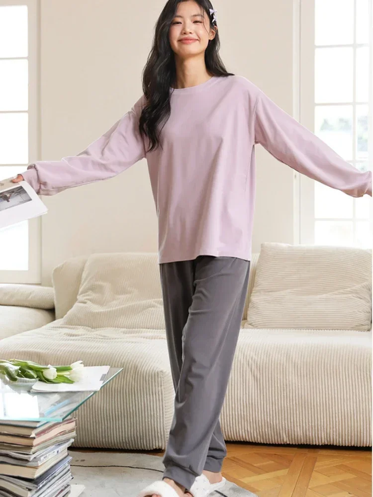 Homewear setelan Pullover wanita, piyama atasan lengan panjang leher-o longgar warna kontras beludru musim gugur dan musim dingin