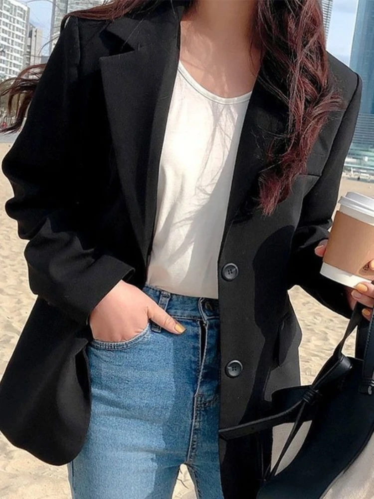 

2220, весенне-осенний корейский женский повседневный пиджак, свободный утягивающий однотонный базовый универсальный студенческий топ средней длины с длинными рукавами