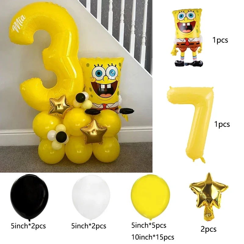 SpongeBob SquarePants Cartoon Aluminum Film Balloon Macaron Yellow 32 inch Number Balloon Set Children\'s Toy Party Decoration