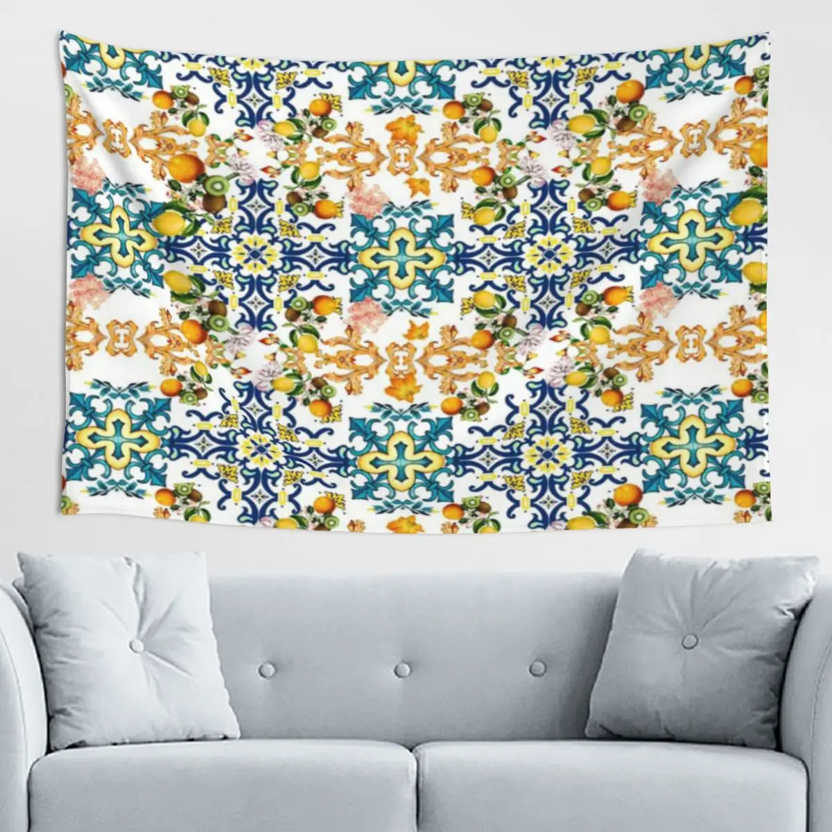 Tapicería siciliana vintage con patrón de azulejos azules, limón y kiwi, tapicería para el hogar, tapicería reactiva a los rayos UV, tela de poliéster