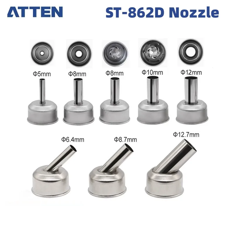 Atten ST-862D Nozzle 5mm/6.4mm/8mm/8.7mm/10mm/12mm Hot Air Gun Bent Heat Gun Air Nozzle Kit Rework Adaptor Accessories