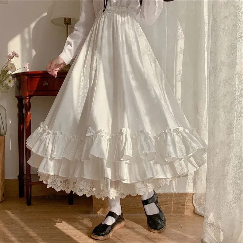 Fashion Sweet Midi Skirt Women Lace Patchwork Bow Preppy Fall Loose Casual Skirts Japanses Ruffle High Waist Solid Chic Skirt