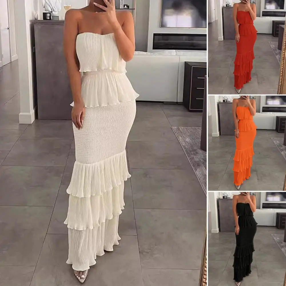 

Women Tube Top Dress Elegant Off Shoulder Maxi Dress Pleated Ruffle Backless for Cocktail Parties Banquets Proms Pleated Dress