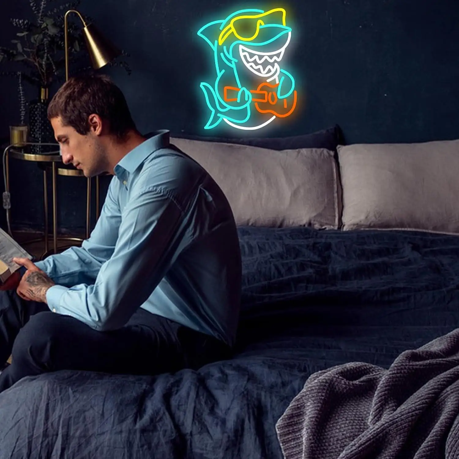 Shark Playing Guitar Neon Sign Usb Dimmable Led Music Themed Wall Decor Neon Light For Bedroom Game Room Bar Party Holiday Gift