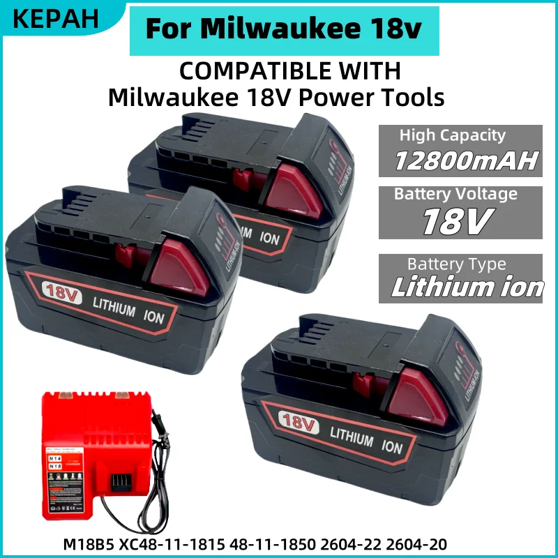 For Milwaukee M18 Battery 12800mAh 18V Rechargeable Battery For Milwaukee Tool M18B5 XC 48-11-2402 4
