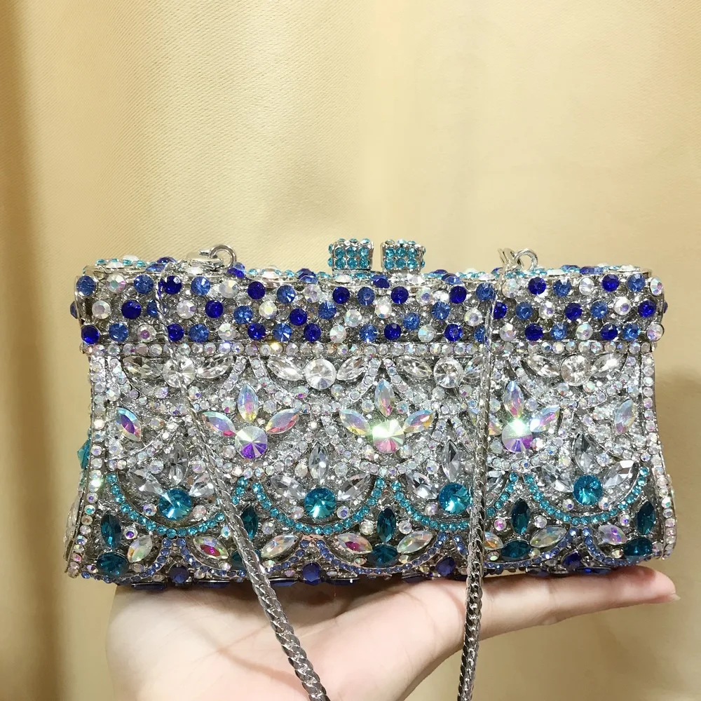 Blue Crystal Women Dinner Clutch Rhinestone Evening Bags Shiny Stylish Handbags for Female Luxury Designer Purse Party Bride Bag