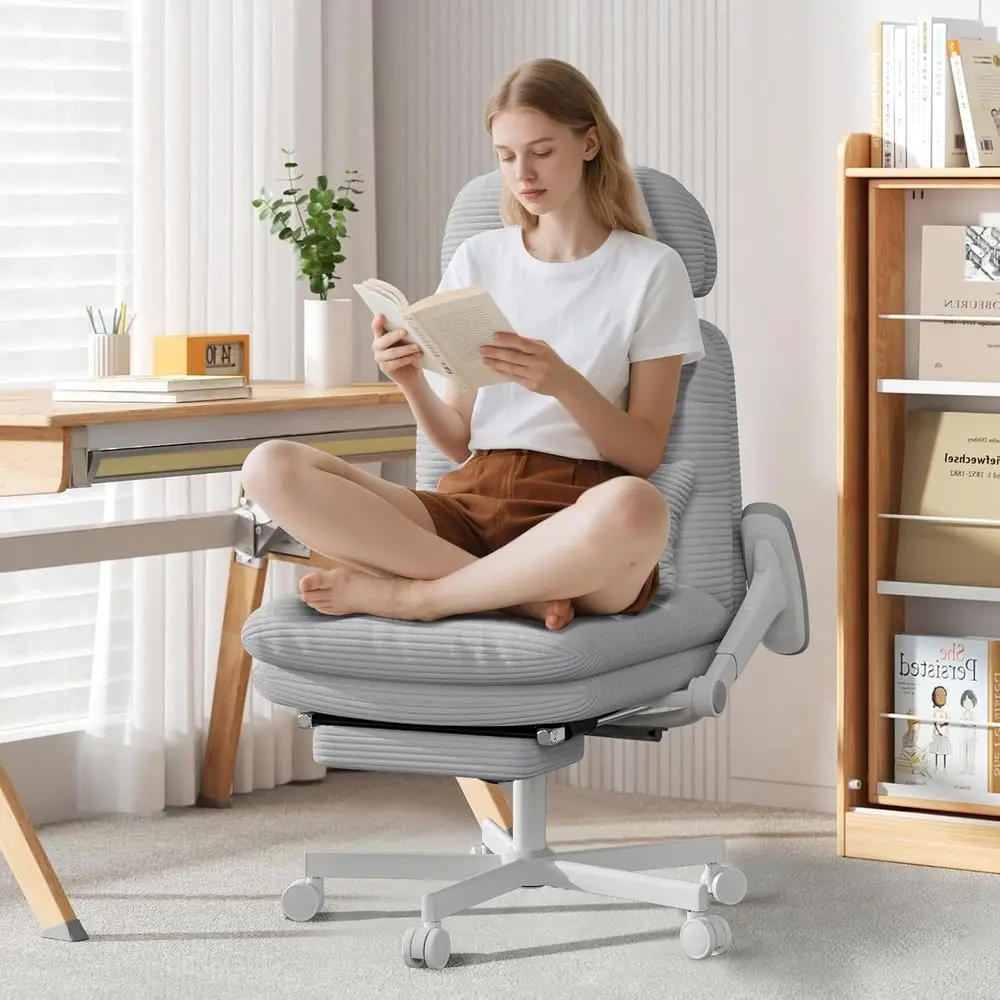 

Wheeled Swivel Office Chair with Adjustable Footrest and Lumbar Support, Corduroy Comfort for Home or Work, Grey
