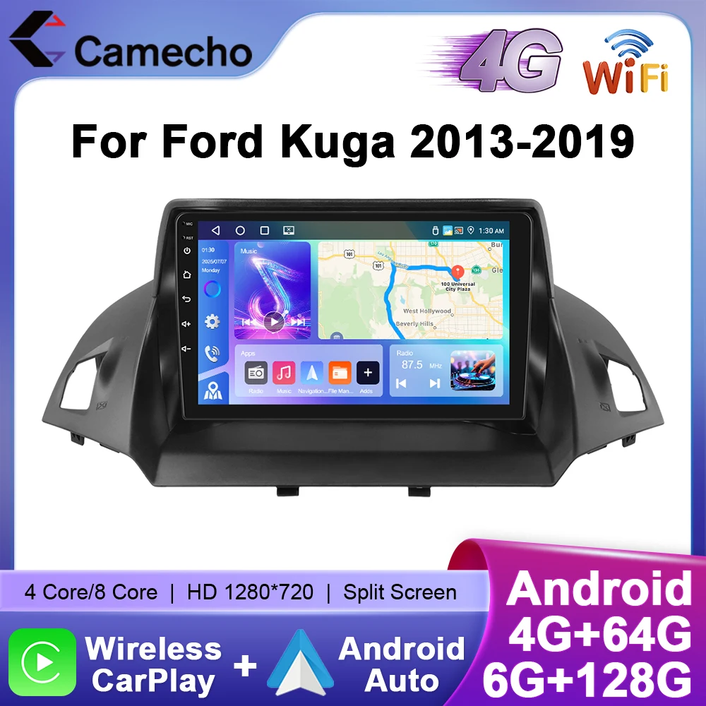 Camecho autoradio pour Ford Kuga 2013-2019 sans fil CarPlay Android Auto lecteur multimédia 6 + 128G WIFI 4G Mirrorlink GPS stéréo