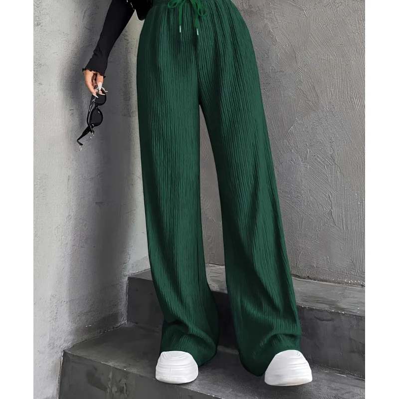 Printemps et automne femmes couleur unie élastique jambe large cordon drapé pantalons décontractés taille haute Sl