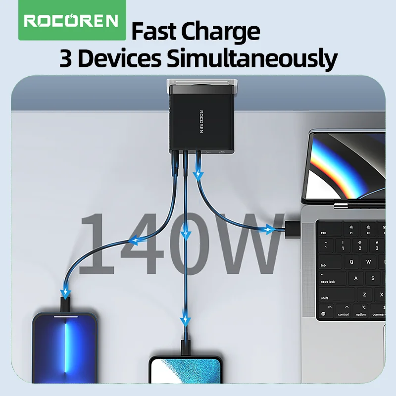 Rocoren 140W GaN USB Charger Type C PD 3.1 QC Quick Charge 4.0 3.0 USBC Fast Charging Charger For MacBook Pro iPhone 14 Laptop