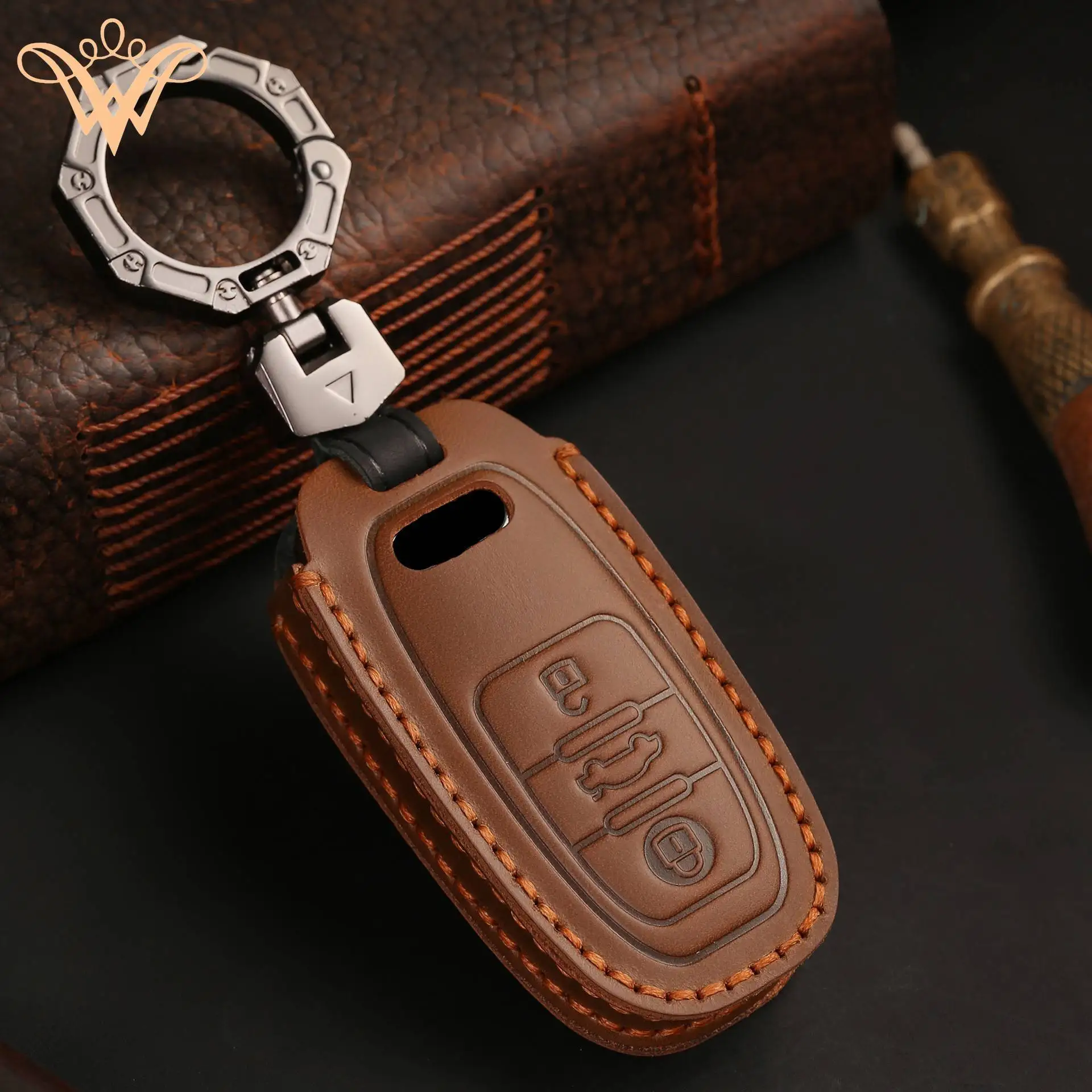 

Genuine Leather Car Key Cover For Audi A1 A3 A4 A5 A6 A7 A8 Quattro Q3 Q5 Q7 2009-2015 Keyring Shell Fob Case Holder