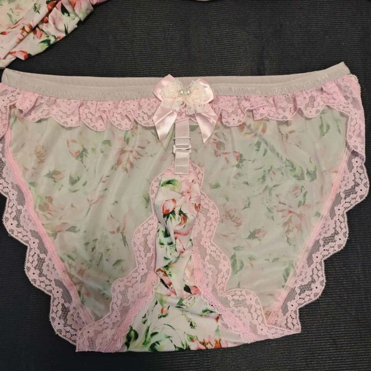 Handmade Floral Sexy Cute Man Briefs LGBQT BF Ice Silk Pink Ruffle Lace Trim Bow Panties Elastic Comfort Underpants