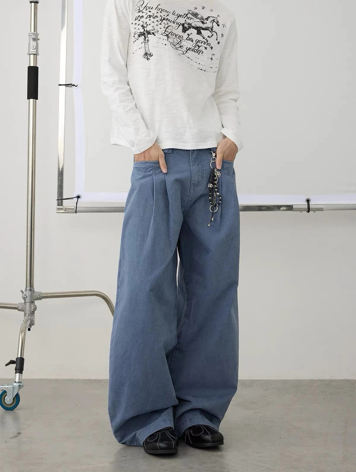 Calças Jeans Retrô Americanas Azuis com Pregas e Corte Reto Solto, Calças Casuais de Trabalho Longas para Homens e Mulheres