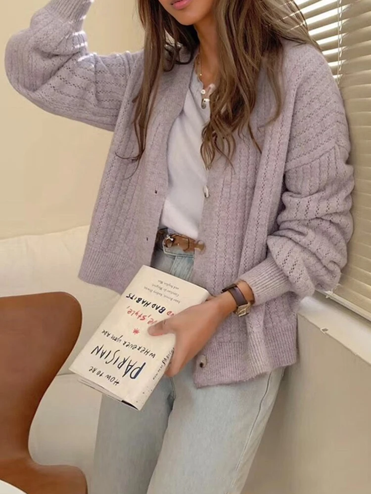 

V Neck Casual Loose Elegant Women Sweater New Fashion Cardigan Office Lady Jacket Solid Color Outwear Autumn Winter Knitted Coat