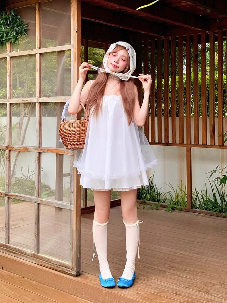 

Korean Sle Fairy Doll Skirt Summer Birthday Princ Dr Sweet High Waist A-Line ort Dr without Sve Vest Top