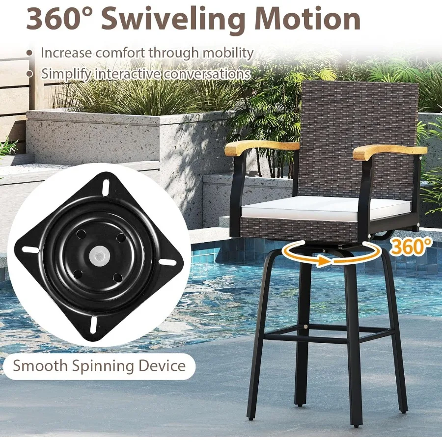 屋外用360度回転バースツール、29インチバーハイト、ラタンチェア、クッション付き、アカシア材アームレスト、頑丈なメタルバースツール、フットレスト付き