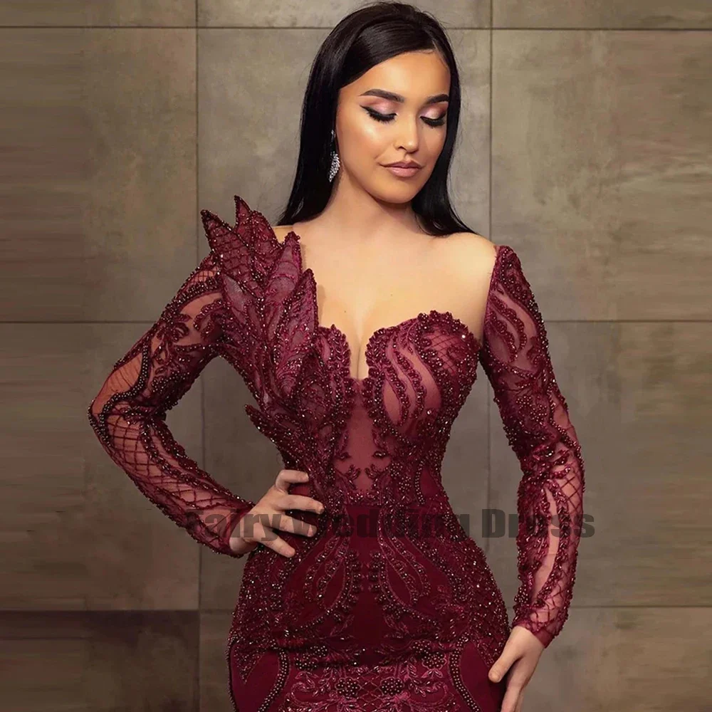 Burgundy Women Evening Dresses Lace Applique Beaded Mermaid Formal Occasion Dress Elegant Sweep Trian Long Sleeveفساتين الحفلا