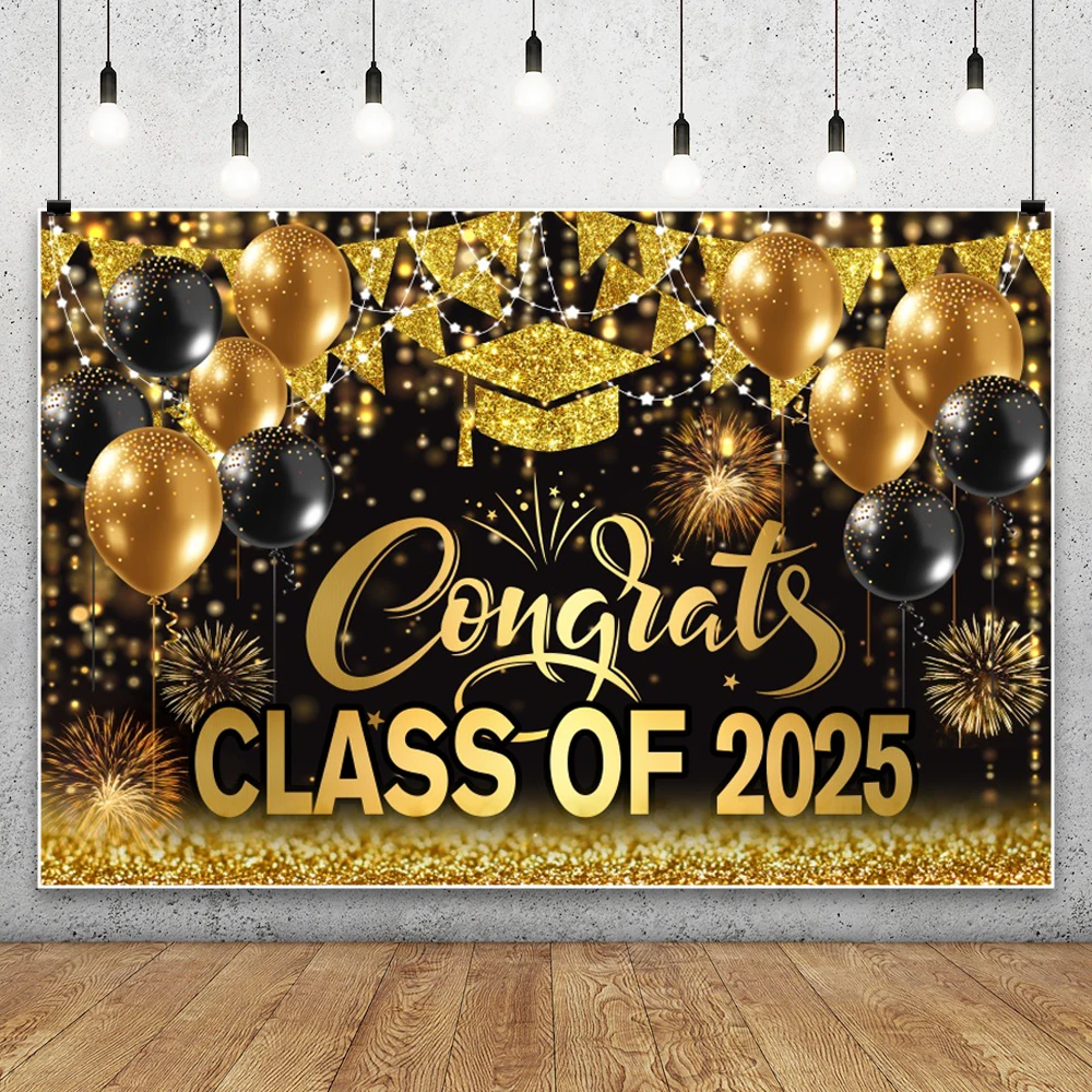 Graduation Party 2025 Gold Black Photography Background Bachelor Cap Prom Decorative Banner Photo Backdrop Photo Studio Props