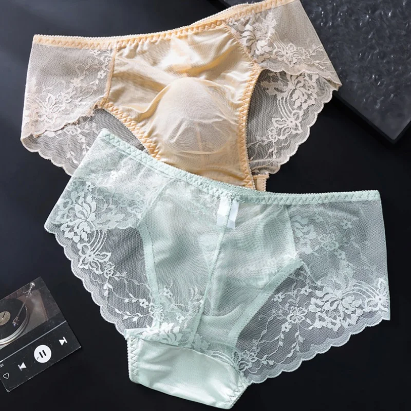 Men's Sexy French Floral Lace Low Waist Briefs See-Through Breathable Mesh Underpants Male Thin Quick-Drying Lingerie