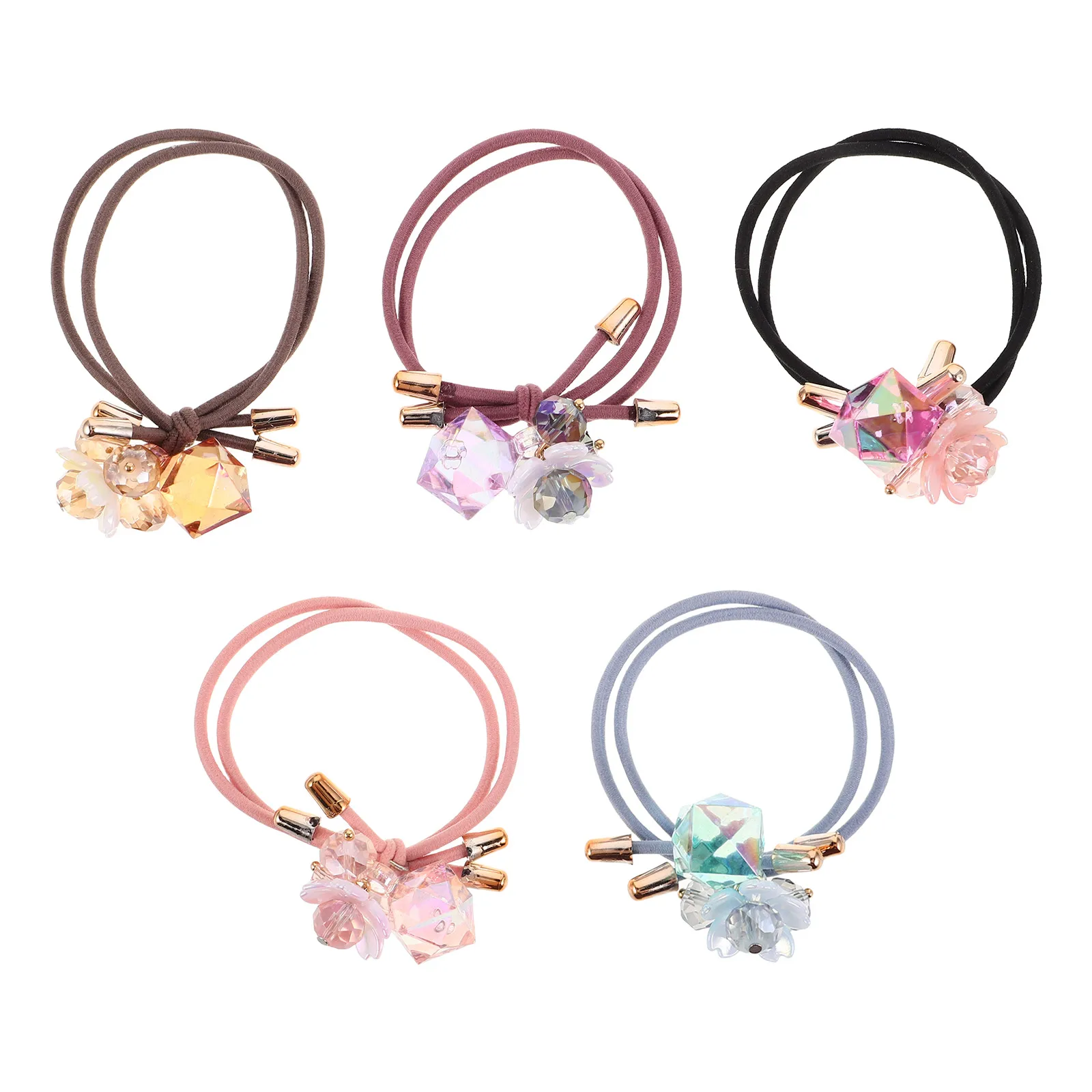 

5Pcs Elegant Crystal Flower Elastic Hair Tie Bracelet Soft Stretch Hair Bands for Women Girls Party Accessories