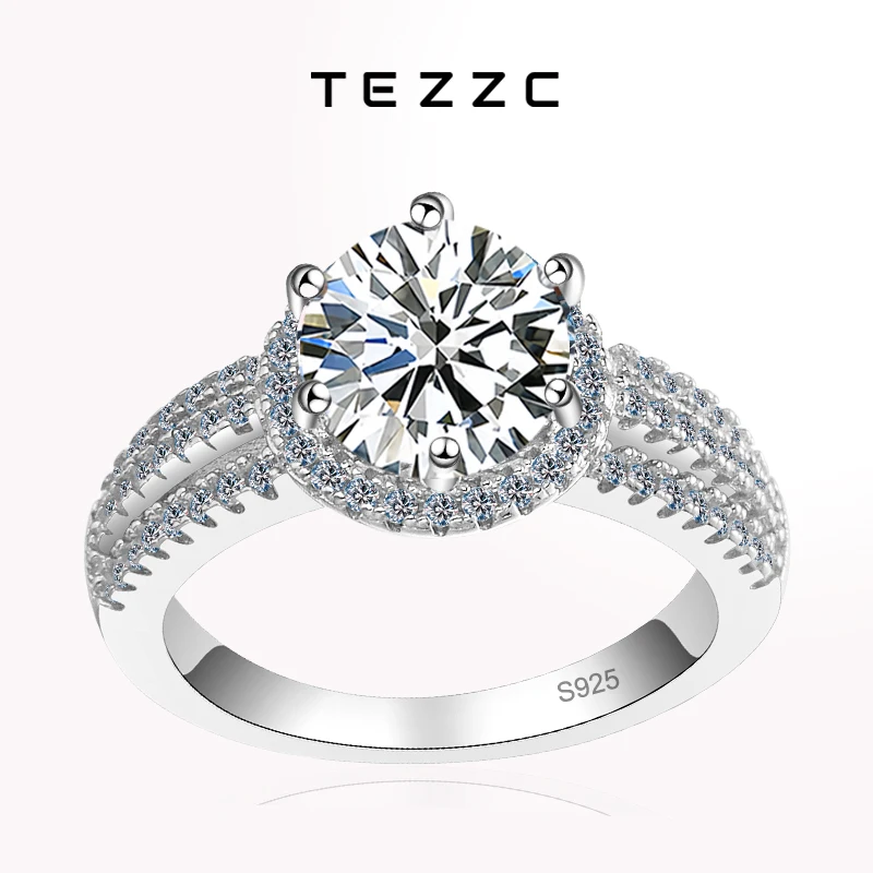 

Tezzc 2ct 3ct Moissanite Lab Diamond Ring 925 Sterling Silver with Gold Plated For Women Wedding Rings Fine Jewelry Certified