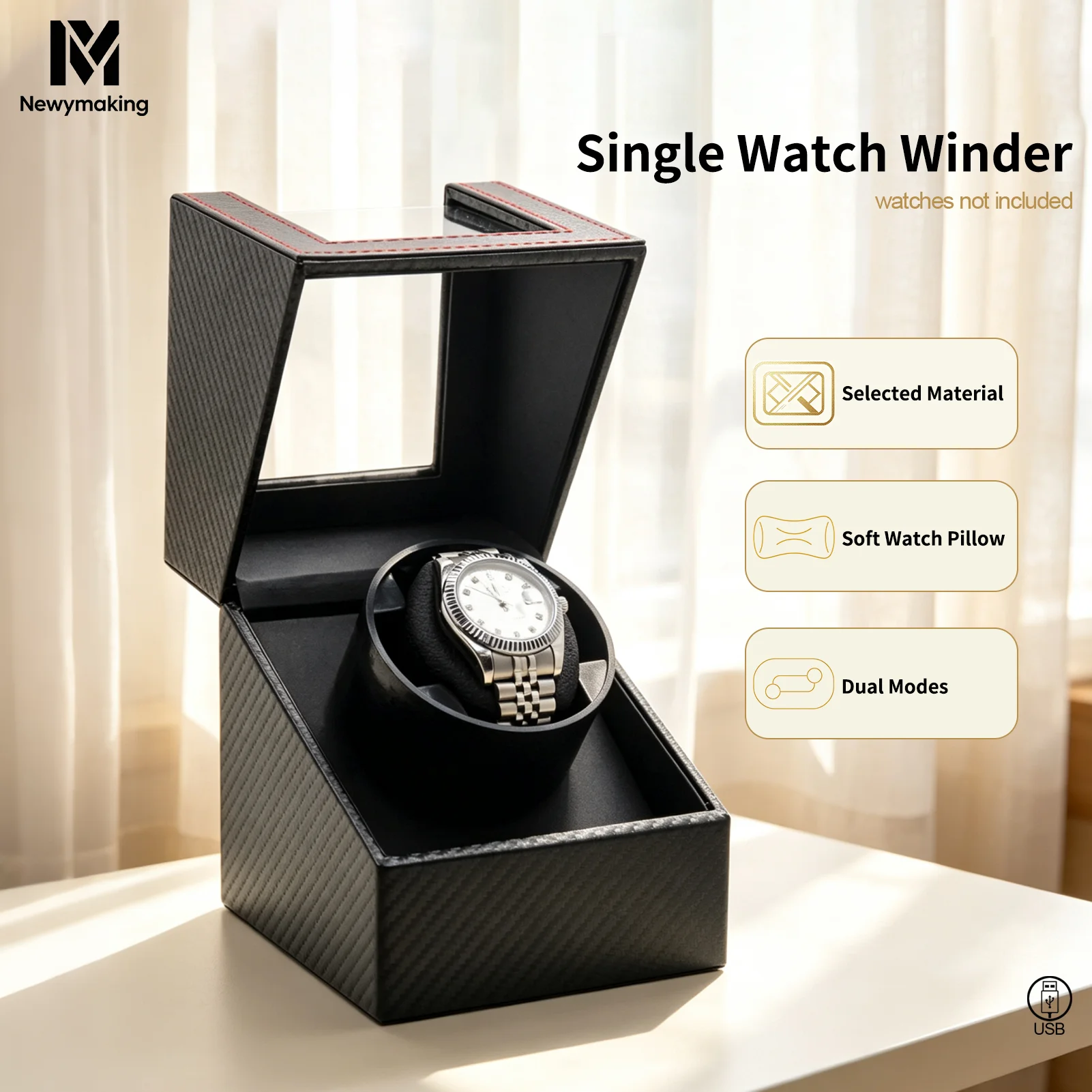 Single Watch Winder for Automatic Watches, Black PU Leather Watch Winding Box with Soft Pillow, Gift Case for Men Women
