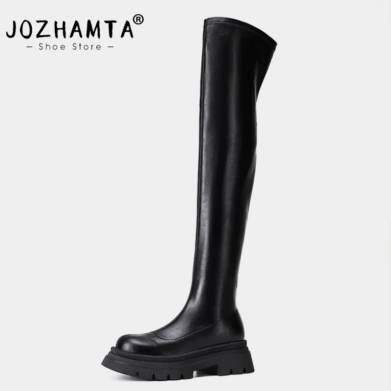 JOZHAMTA Size 34-39 Women Thigh High Boots Over The Knee High Stretch Boots Elastic Leather Suede Thick Heels Platform Shoes