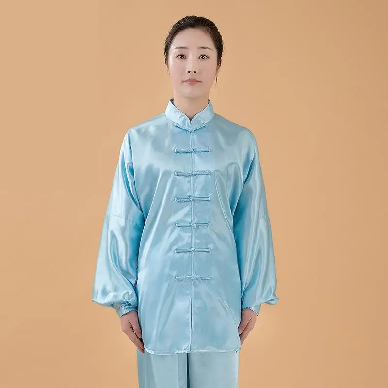 Women Silk Satin Yaga Tai Chi Suit Female Chinese Style Stand Collar Kung Fu Wushu Martial Arts Uniform Performance Jacket Pants