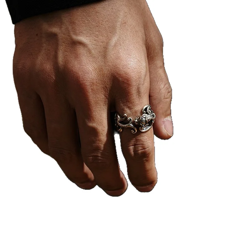 الرجعية القديمة Chilong خاتم الرجال التايلاندية الفضة الدائري الاتجاه الوطني التصميم الإبداعي الراقية افتتاح حلقة #5