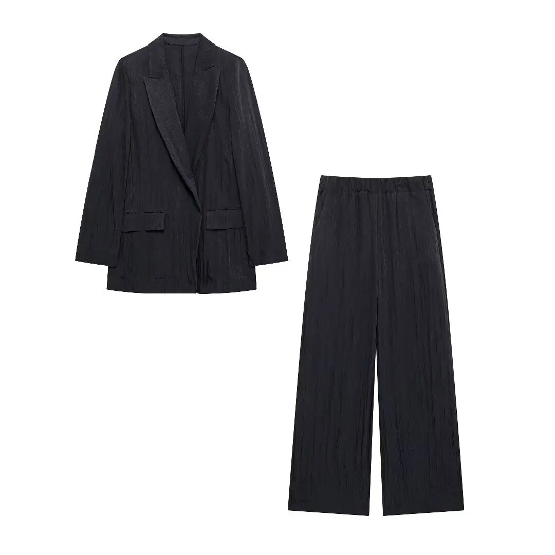 Women's Wrinkle Open Top Suit+Wrinkle Effect Wide Leg Pants Set