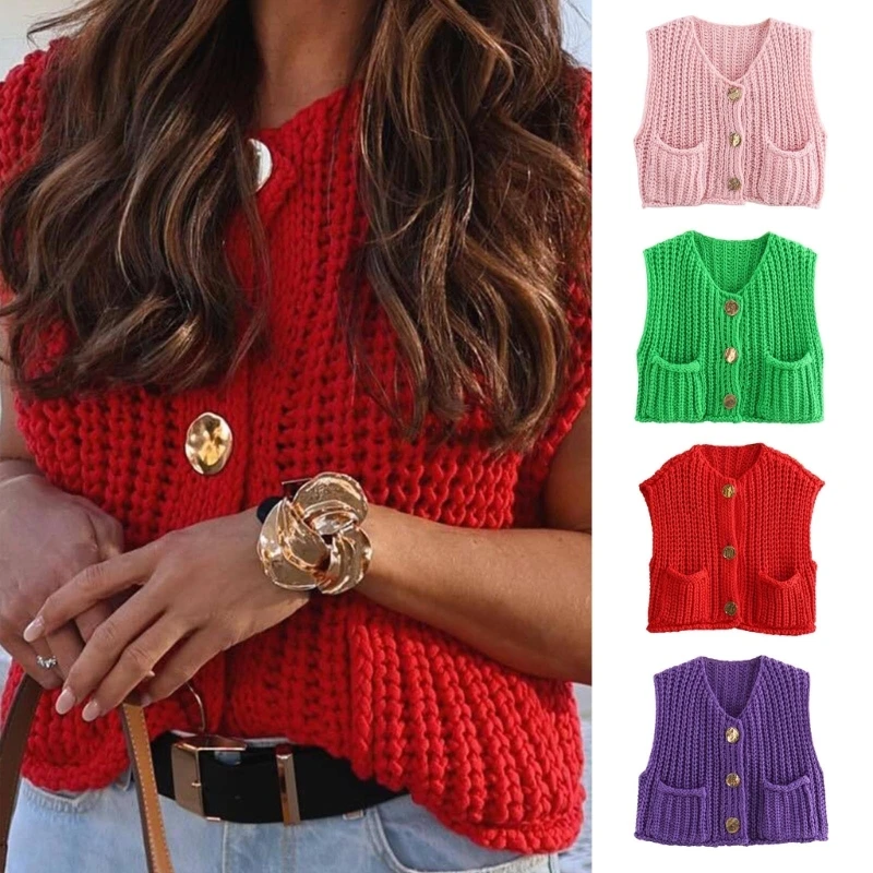 

Fashion Cropped Knit Vest for Women Button Down Sleeveless Cardigan Crop Top