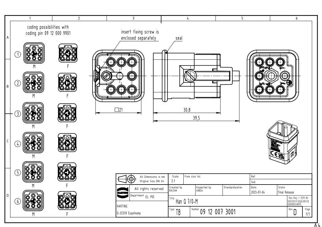 09120073001 HARTING Konektor tugas berat Han Q7Pin + Ground 10A Male Insert(M)