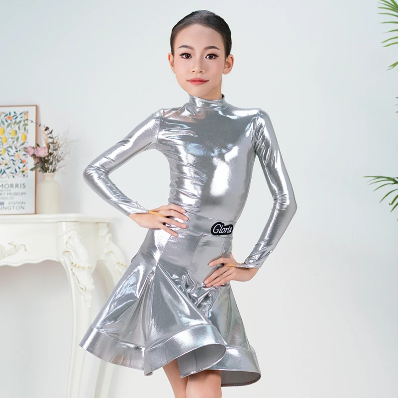 

2026 Latin Dance Competition Dress Girl Professional Latin Outfit Kid Performance Stage Wear Silver Long Sleeve Dance Suit 5097