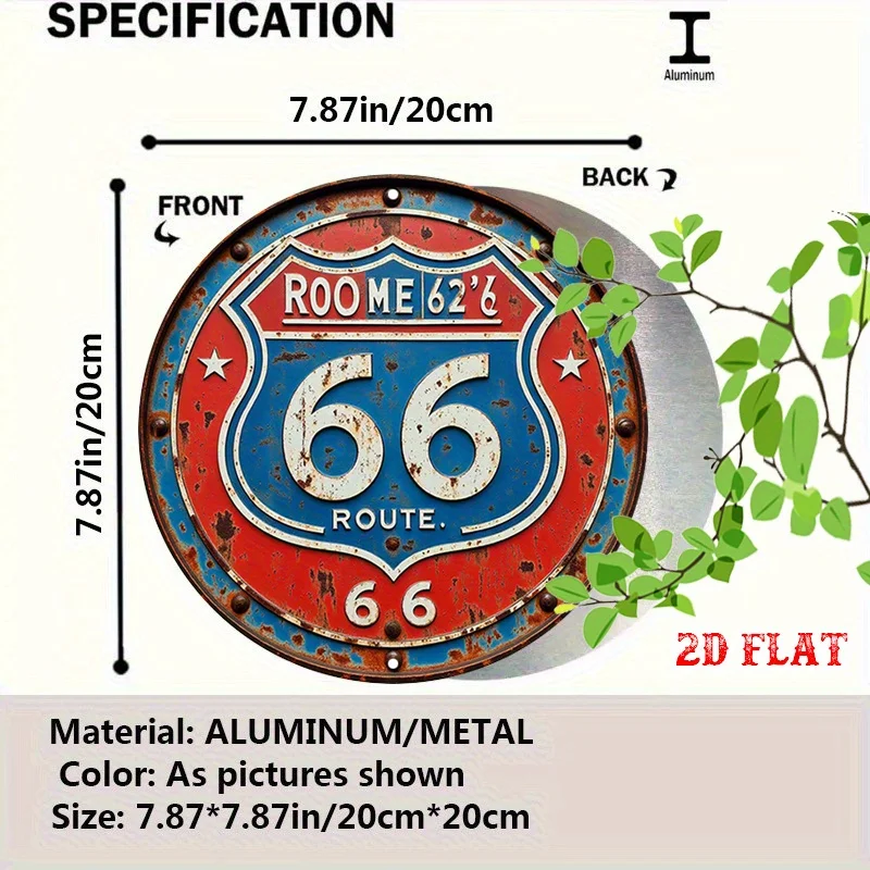 2D Flat, 1pc Vintage Route 66 Metal Tin Sign - Retro Aluminum Wall Decor with Red & Blue Design,Garage, Cafe, or Dining Room