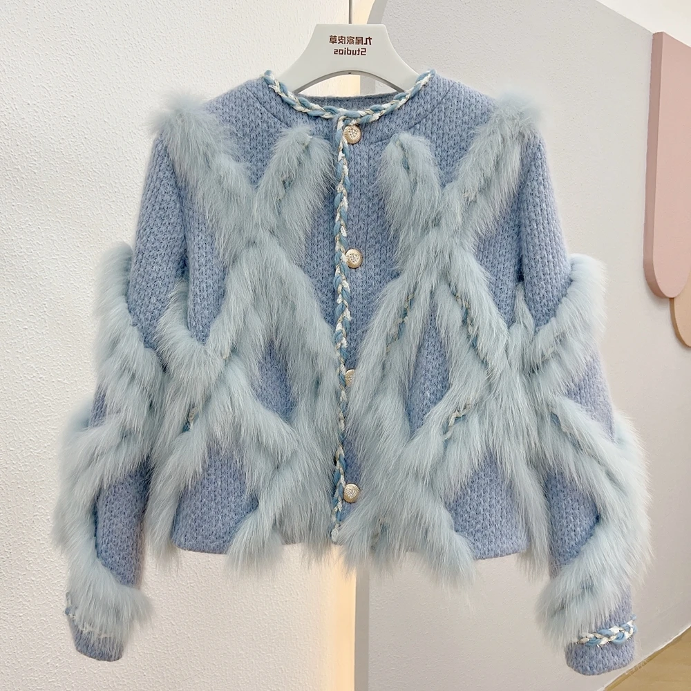 

2023Real fur, Women Natural Fox Fur Fluffy Weave Knitted Sweater Fashion Real Fur Coat Winter Jacket Single Breasted Streetwear