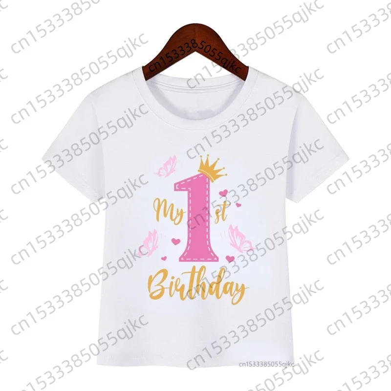 Girls Birthday Pink Number with Crown and Butterfly T Shirt Cute Casual Tee for Kids