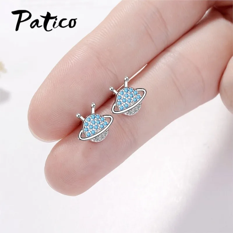 Blue Rhinestone Planet 925 Sterling Silver Stud Earrings For Women Lovely Girls New Statement Pendientes Mujer Jewelry
