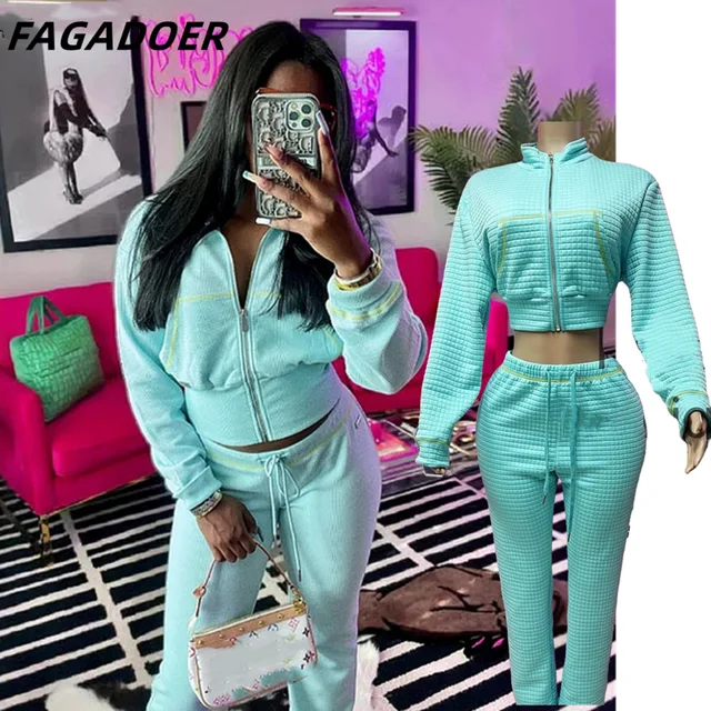FAGADOER INS Nowe jesienne 2-częściowe zestawy Strój Waffle Zip Patchwork Swetry Kurtka i spodnie Garnitury Moda Sport Streetwear