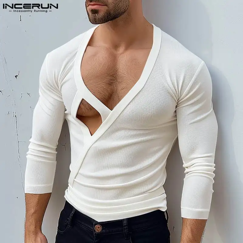 INCERUN New Men's Clothing 2024 Deep V-neck Hollow T-shirts Casual Clubwear Male Solid Comfortable Three-quarter Sleeve Camiseta