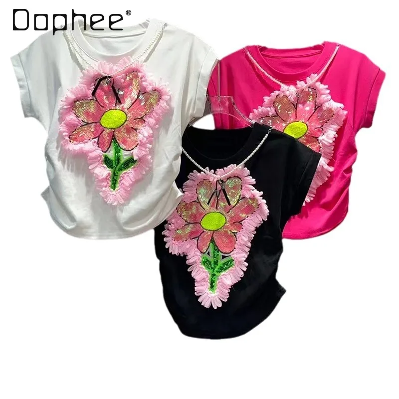 Heavy Embroidery Sequins 3D Cute Flower T-shirt Women 2024 Summer New Street Style Short Sleeve Outer Wear Round Neck Top