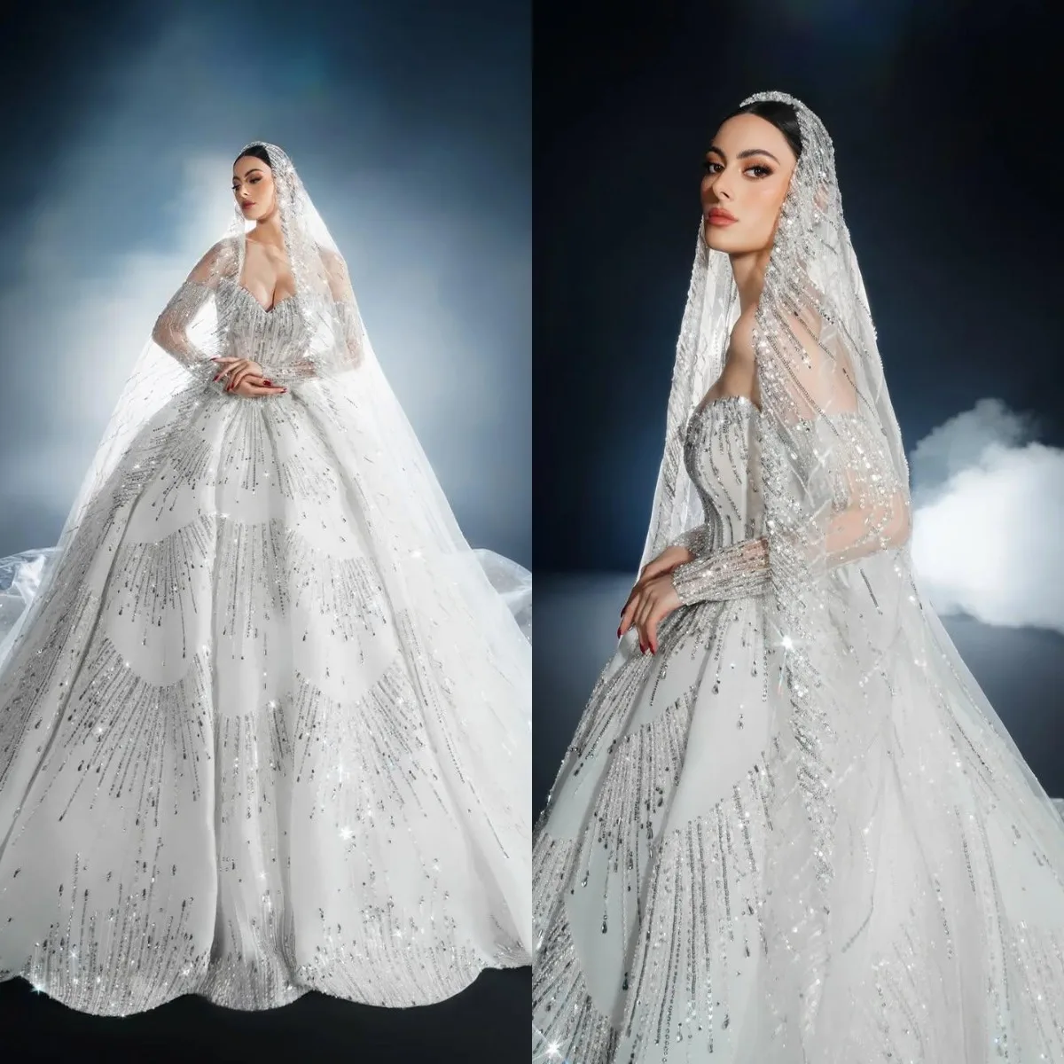 

Изысканное свадебное платье-баллон с пайетками и кристаллами, с открытыми плечами, длинными рукавами, шлейфом, на заказ