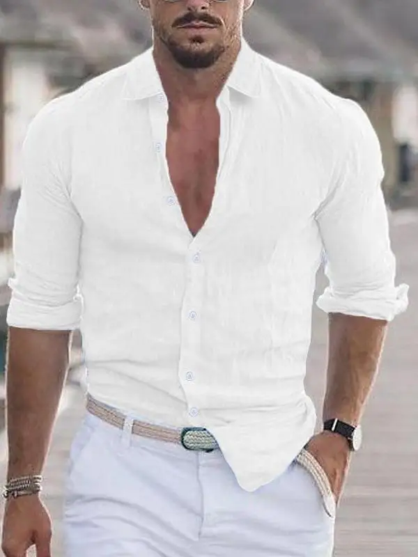 Casual Slim Fit Long Sleeve Men's Shirt Korean Style White Summer Business Street Wear Cotton Linen Material Button Closure
