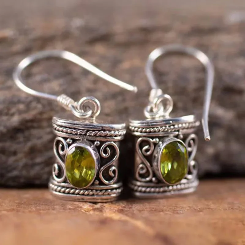 Inlaid green diamond earrings ethnic style handmade cylindrical ladies pendant